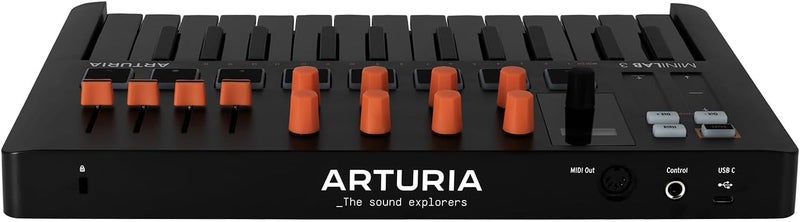 Arturia MiniLab 3 - وحدة تحكم MIDI عالمية لإنتاج الموسيقى، مع حزمة برامج شاملة - 25 مفتاح، 8 وسادات متعددة الألوان - أبيض (MiniLab 3 فقط، أسود/برتقالي) - Image 5